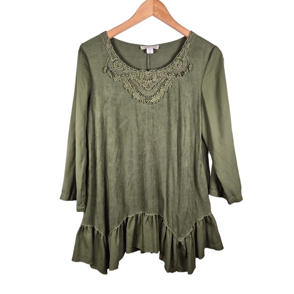 Coldwather Creek Long Sleeve Crochet Ruffle Hem Tunic Blouse Top Green XS Boho